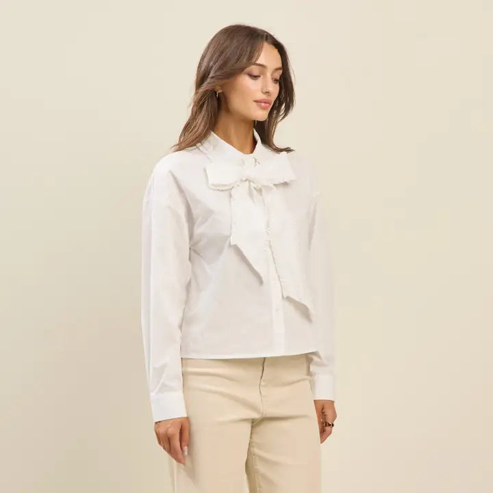 White Ruffle Ribbon Button Down Top