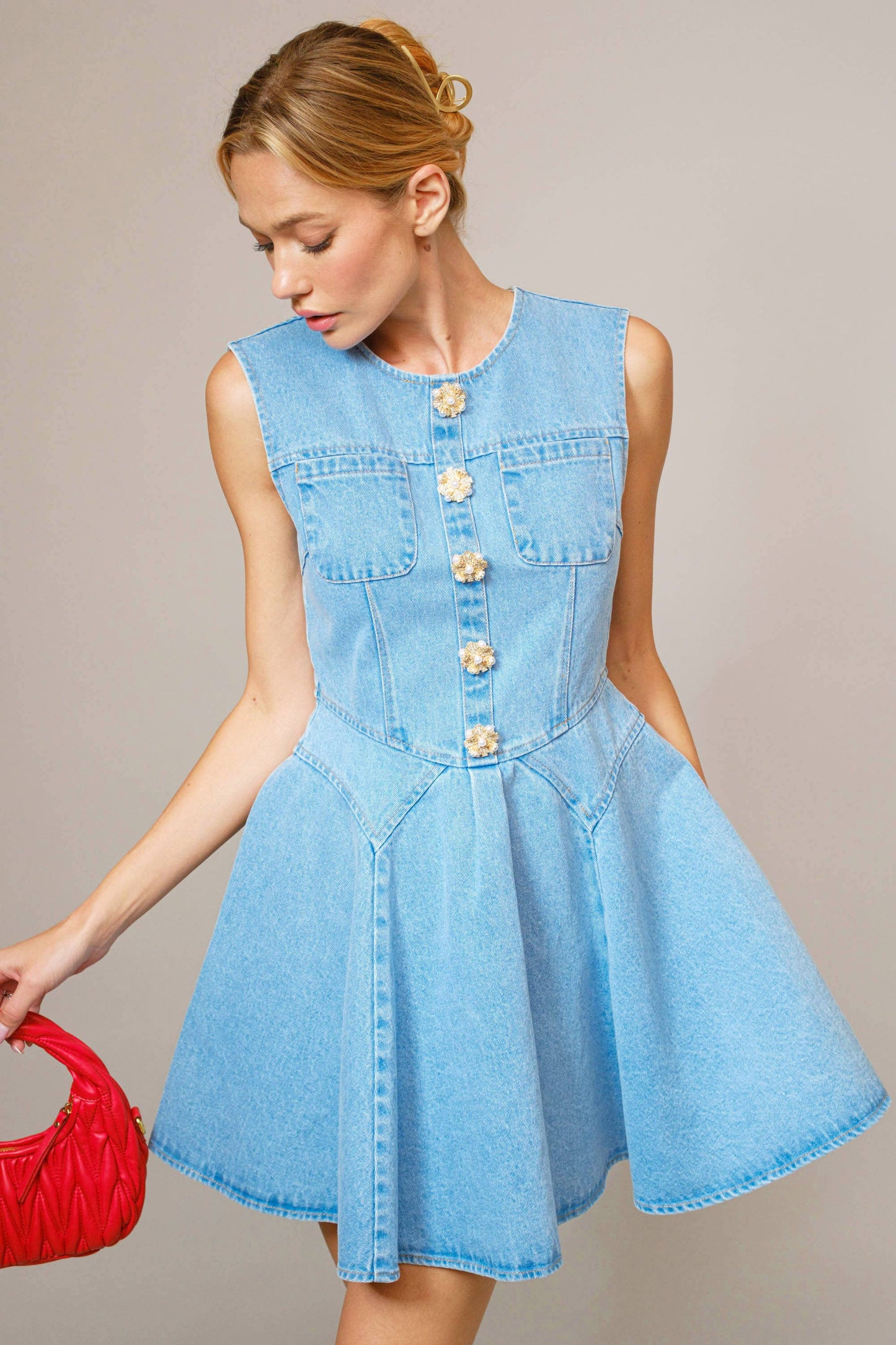 Jeweled Button Denim Flare Dress