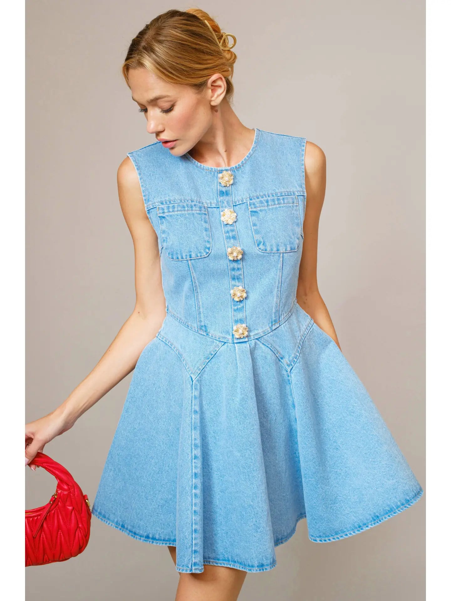 Jeweled Button Denim Flare Dress