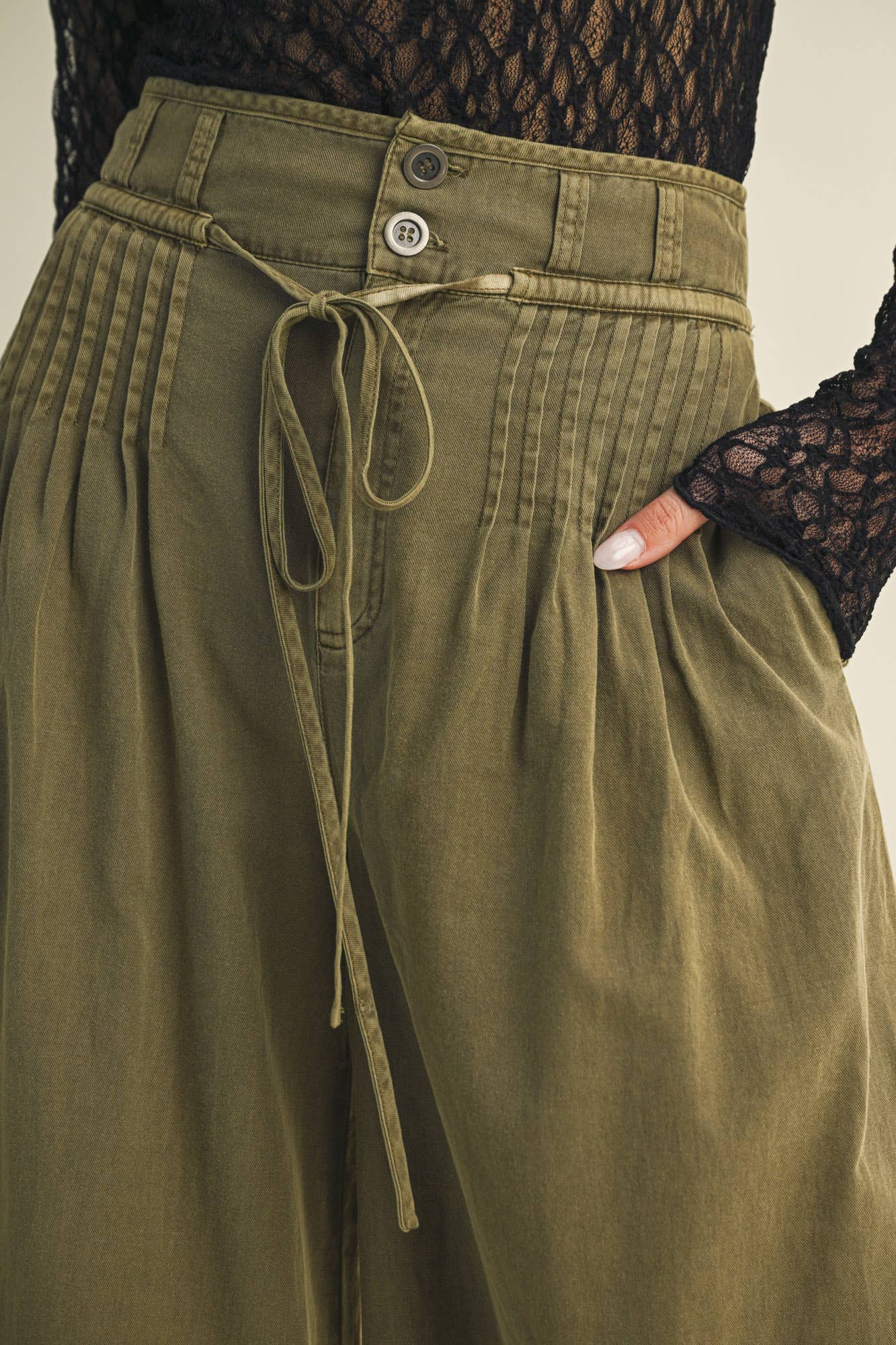 Olive Pintuck Wide Leg Pants