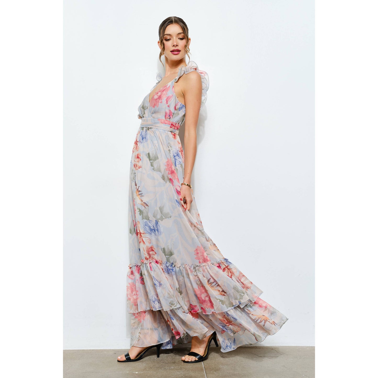 Ruffled Shoulder Floral Chiffon Tiered Maxi Dress