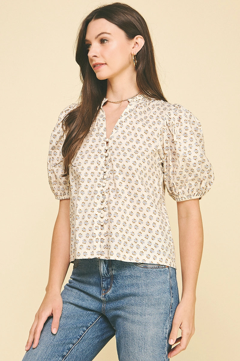 Cream Floral Puffed Sleeve Top