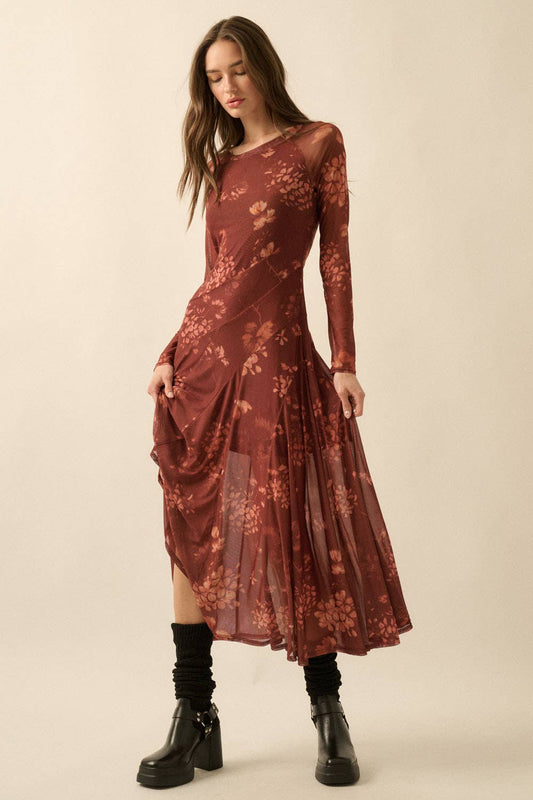 Floral Mesh Asymmetrical Paneled Midi Dress