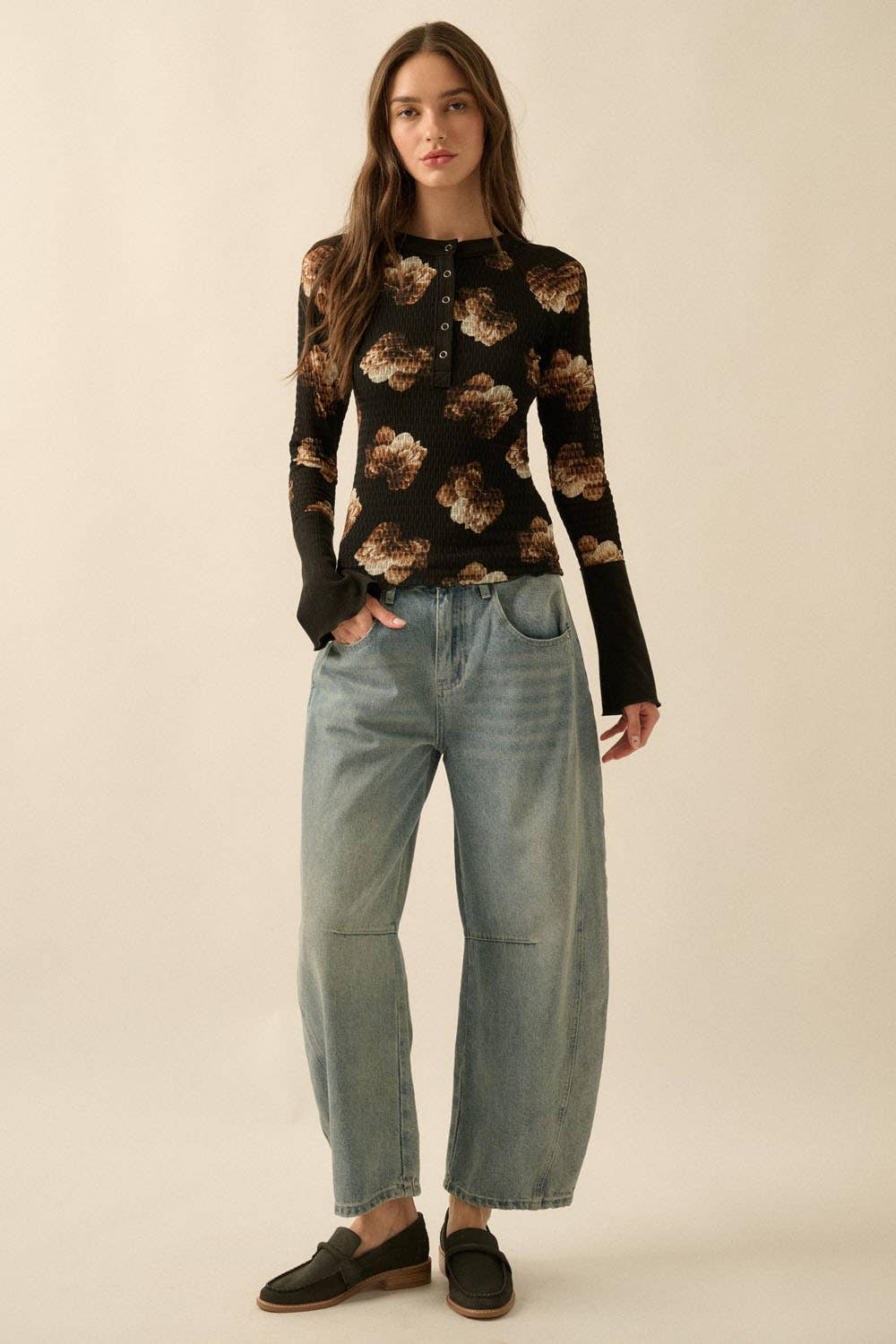 Floral Honeycomb Mesh Raglan-Sleeve Henley Top