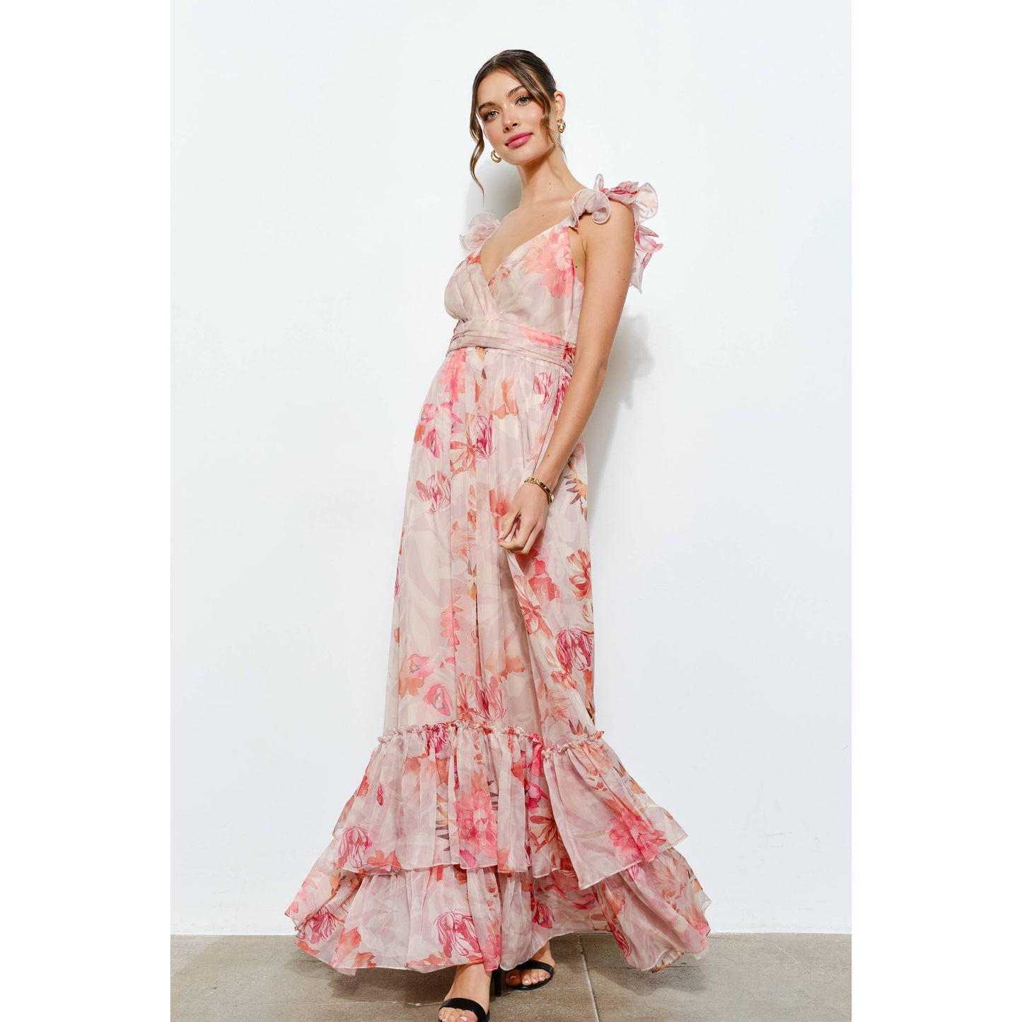 Ruffled Shoulder Floral Chiffon Tiered Maxi Dress