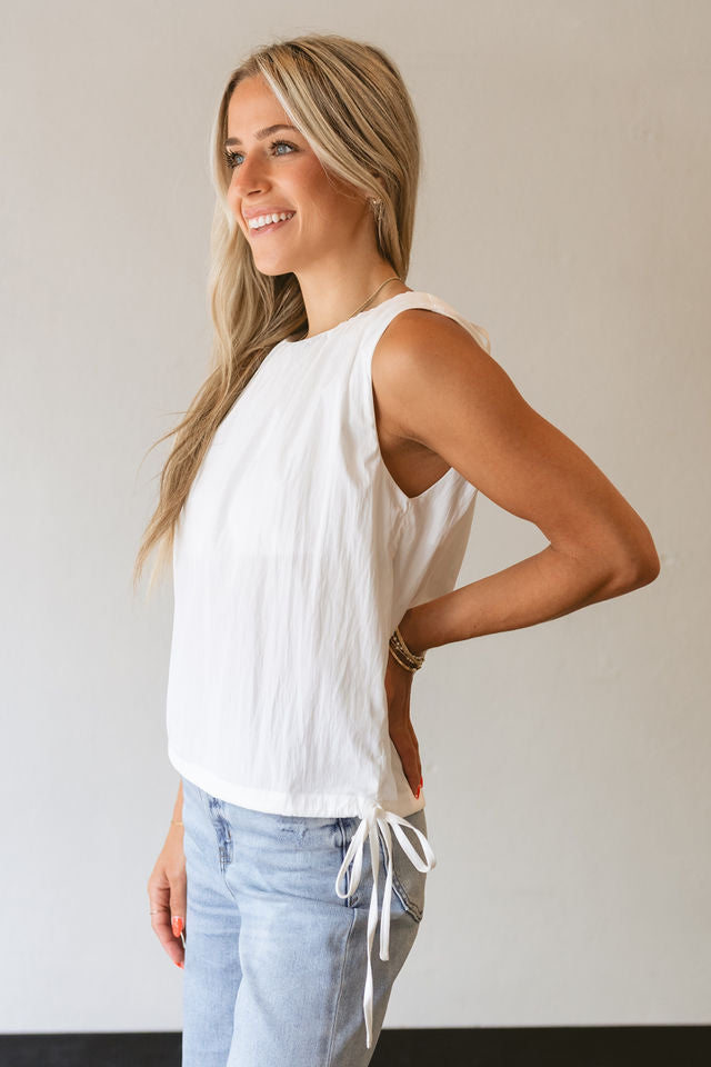 White Shirred Neck Sleeveless Side Tie Top