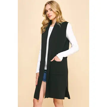 Black Sleeveless Open Cardigan