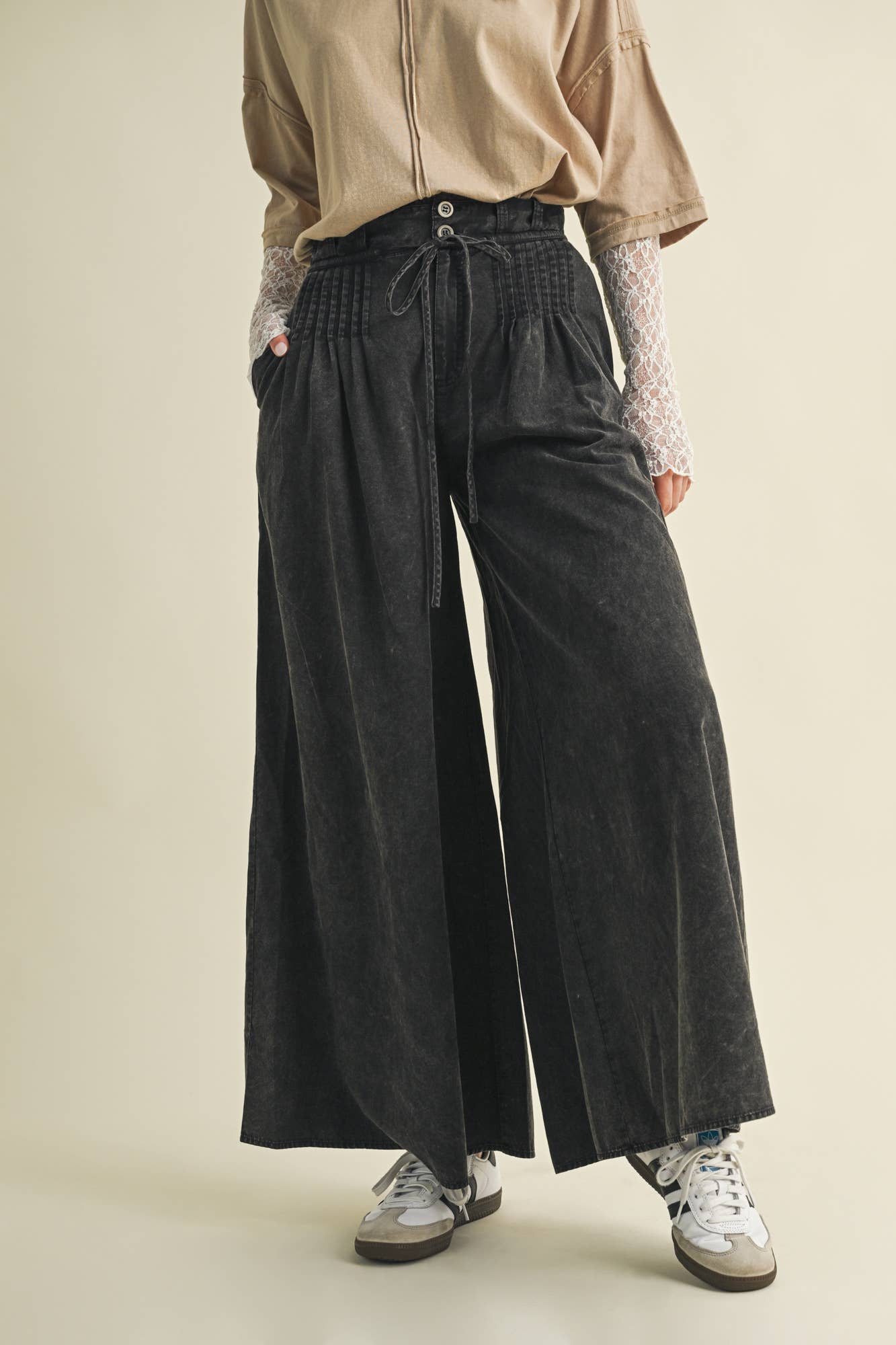 Olive Pintuck Wide Leg Pants