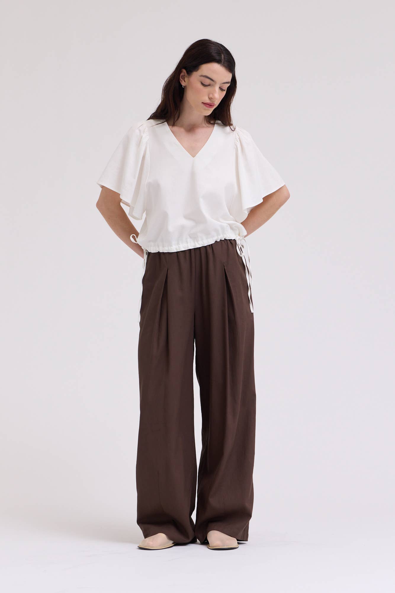 DRAWSTRING LINEN BLEND BLOUSE