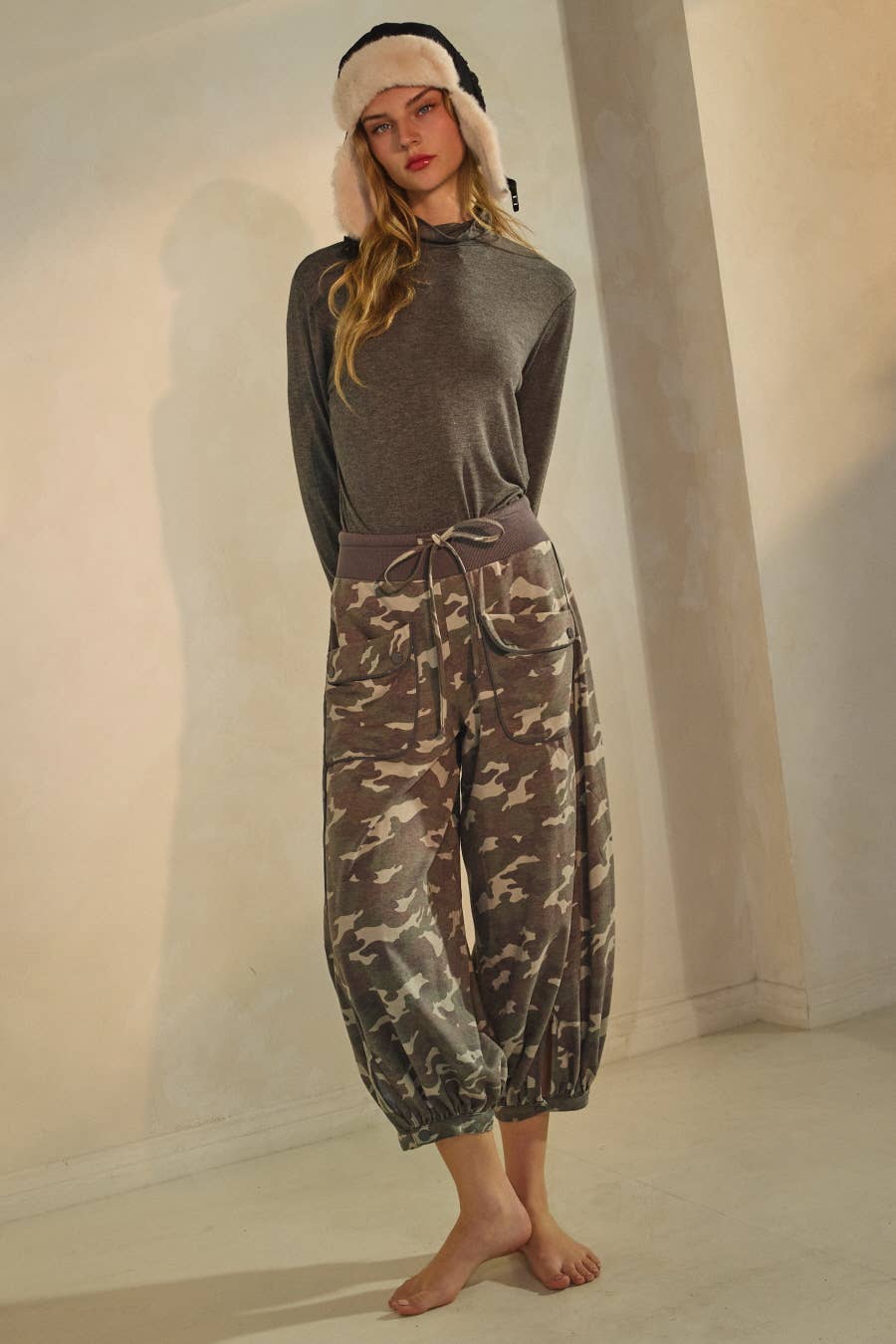 Acid Washed Camo Print Cropped Jogger Pants