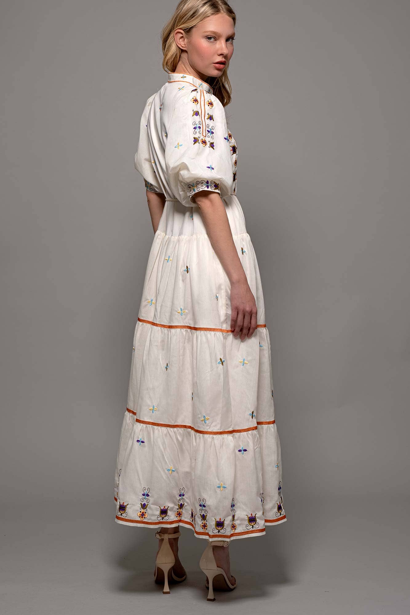 Embroidered Balloon Sleeve Tiered Midi Dress