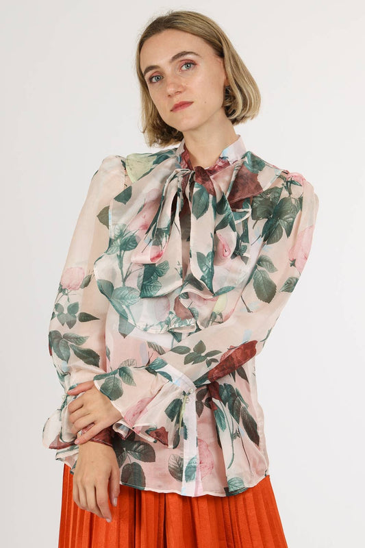 Floral Print Neck Bowtie Chiffon Blouse