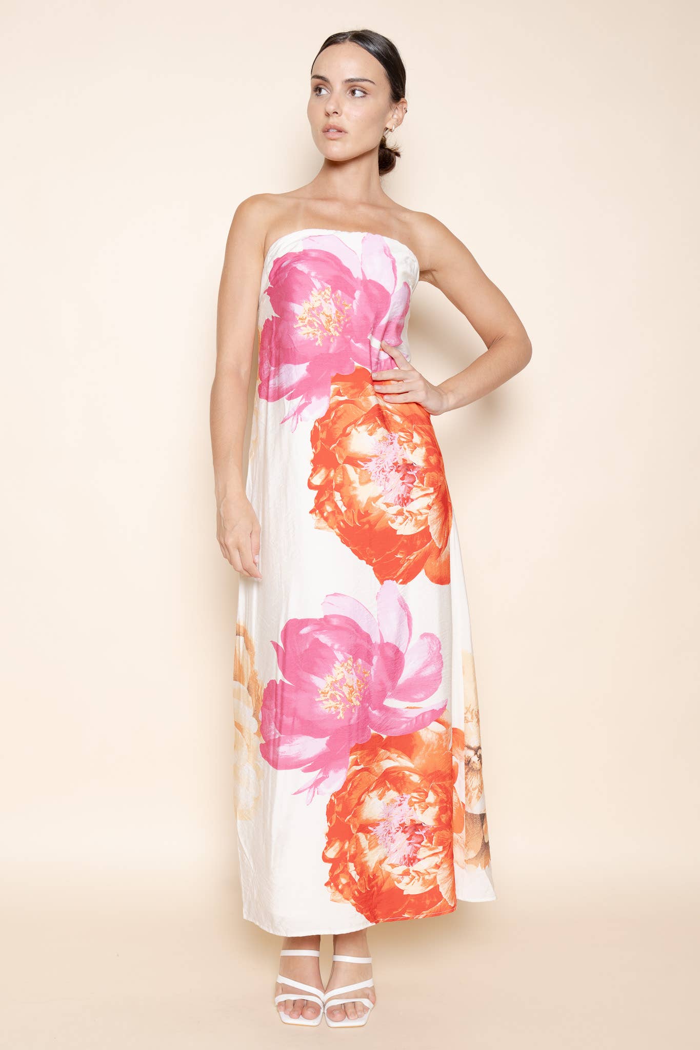FLORAL STRAPLESS A LINE TIE BACK MAXI DRESS