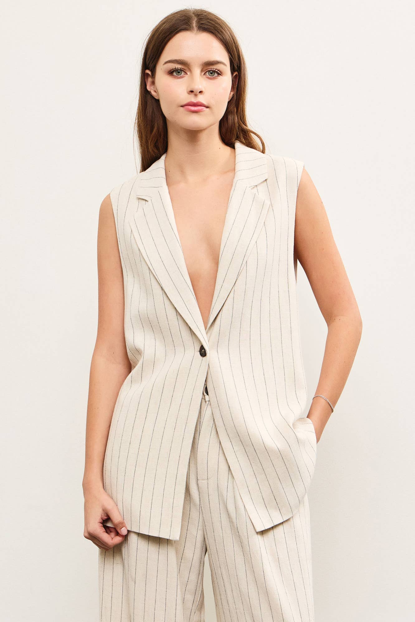 Oatmeal Sleeveless Striped Blazer