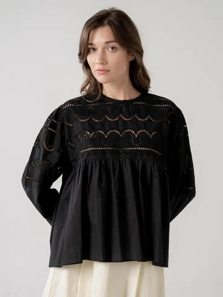 Eyelet Lace LS Babydoll Blouse - BLK