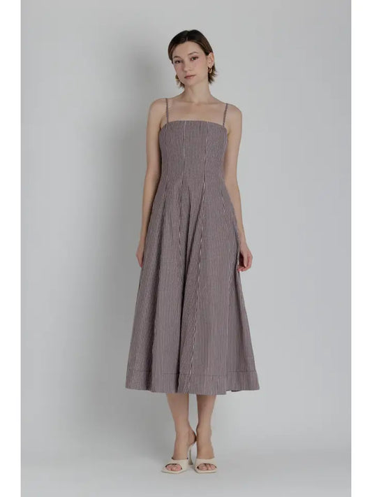 Striped Panel Midi Dress - Brown