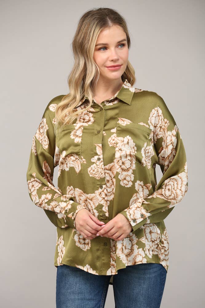 Olive Floral Button Down Shirt