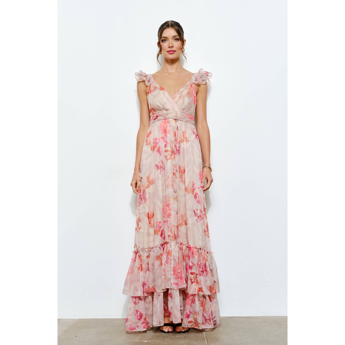 Ruffled Shoulder Floral Chiffon Tiered Maxi Dress