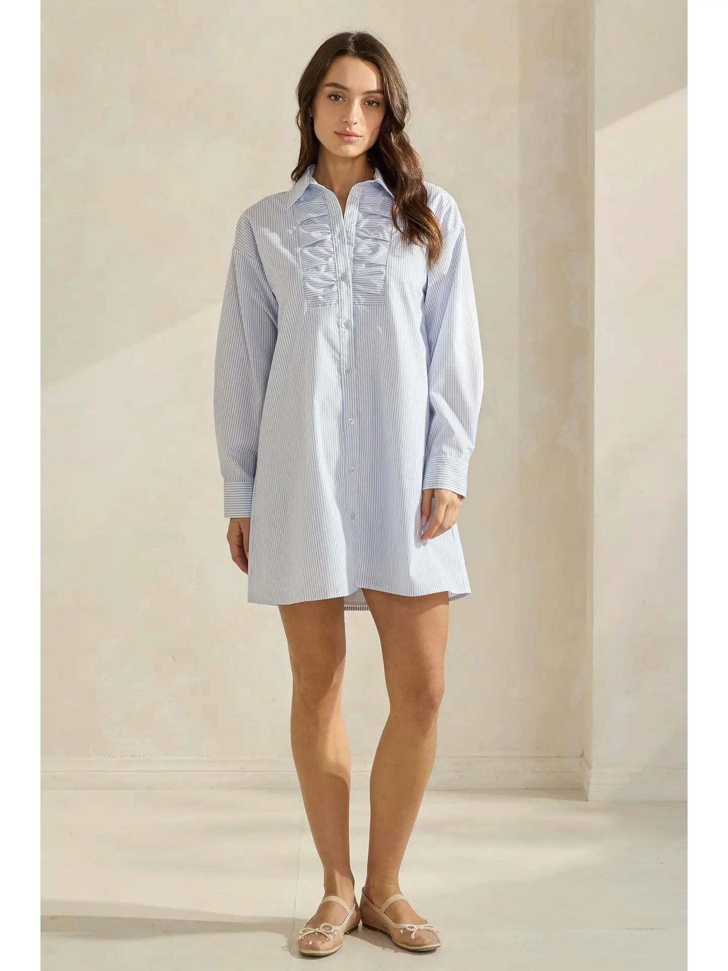 Blue & White Striped Mini Shirt Dress