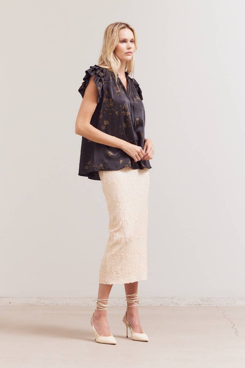 Black Floral Printed Top w/Ruffles