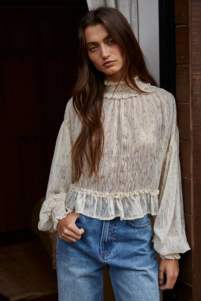 Floral Print See Through Smocked Top