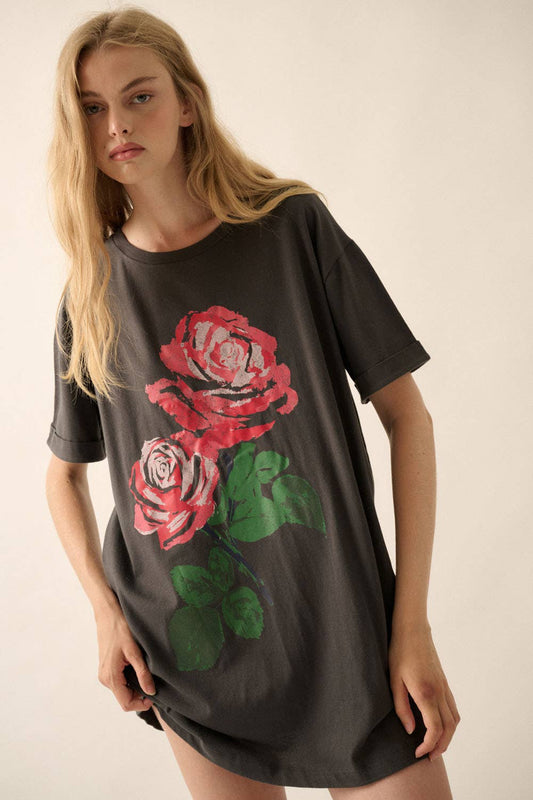 Roses Vintage-Wash Oversize Graphic Tee
