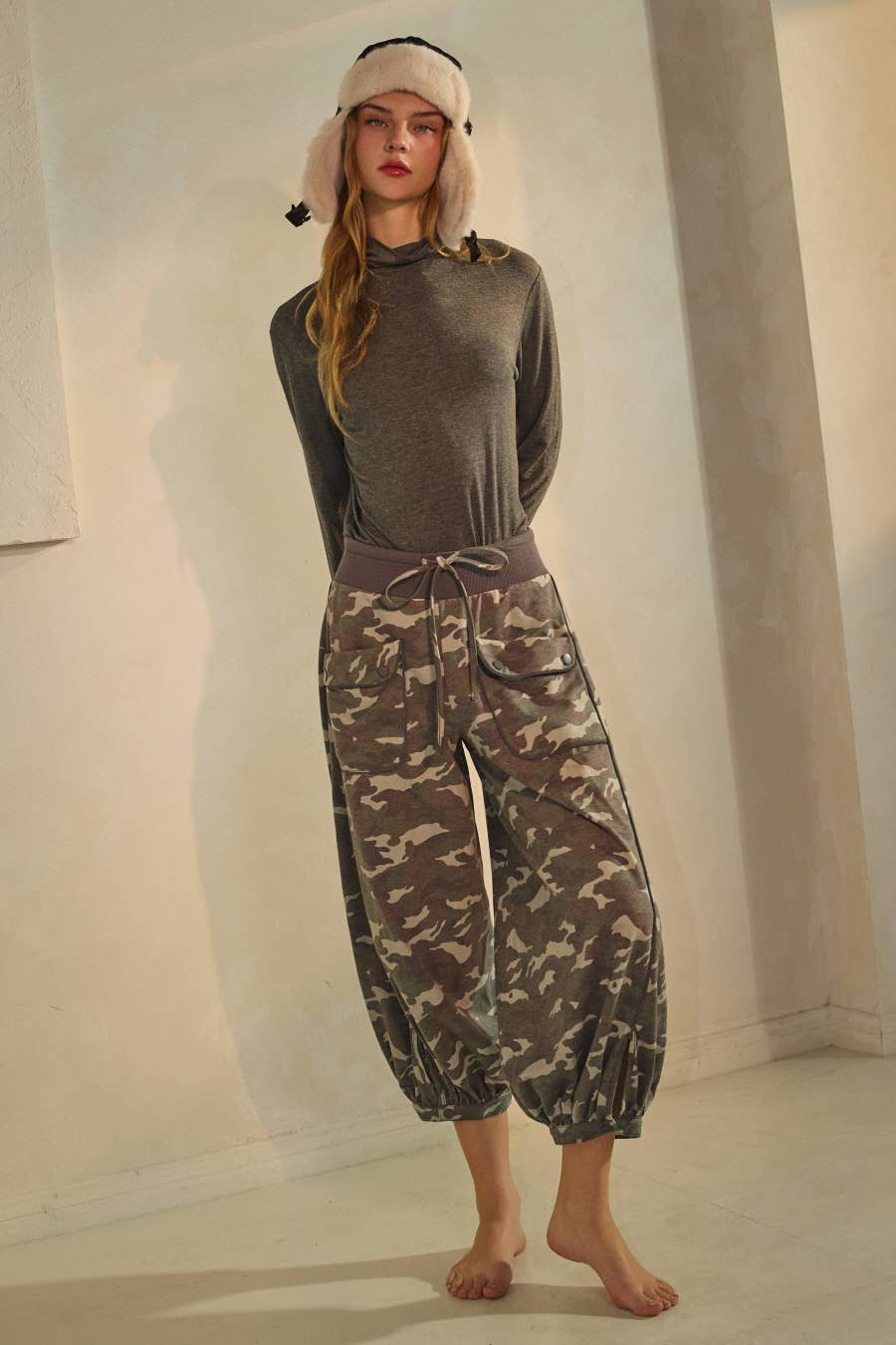 Acid Washed Camo Print Cropped Jogger Pants
