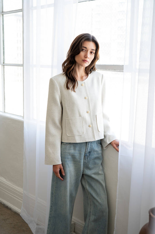 CREW-NECK TWEED JACKET - Ivory