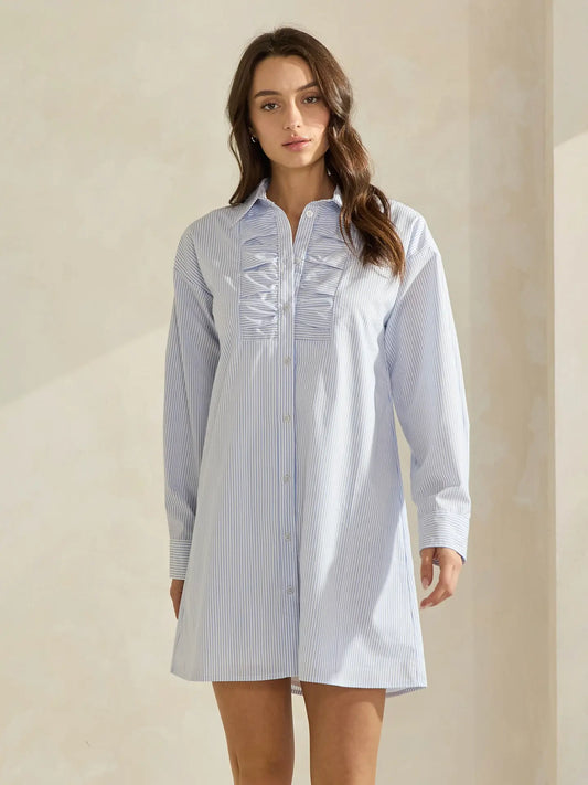 Blue & White Striped Mini Shirt Dress