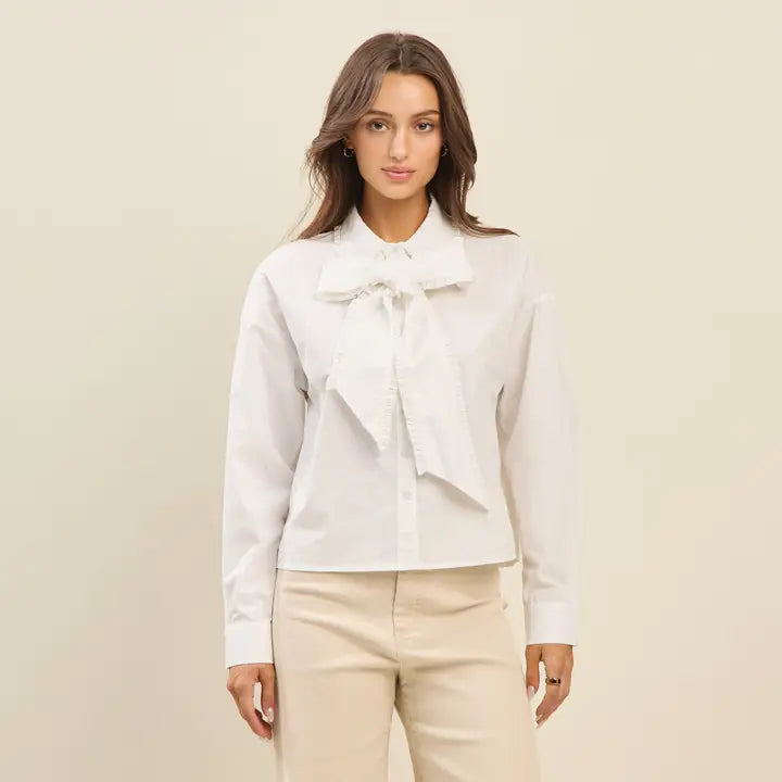 White Ruffle Ribbon Button Down Top