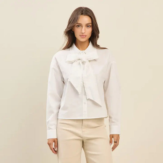 White Ruffle Ribbon Button Down Top