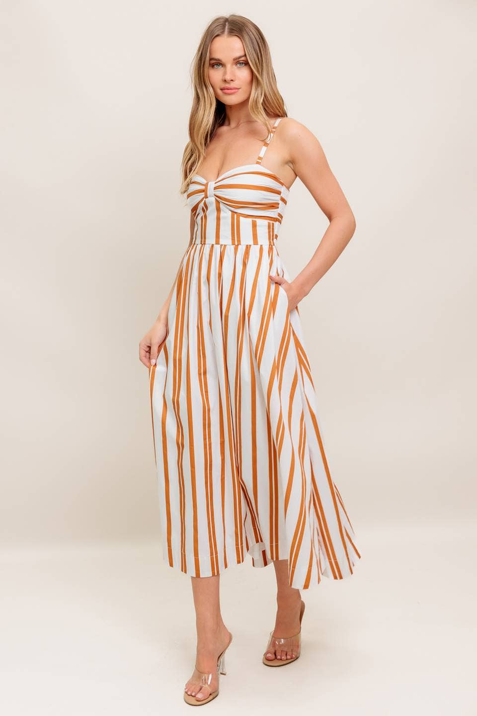 Ivory & Brown Stiped Midi Dress