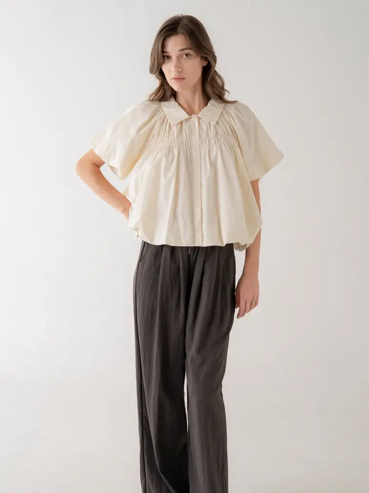 Puff Sleeve With Gathered Bodice Button Down