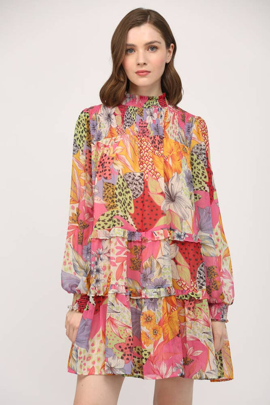 Printed Chiffon Smocked Yoke Dress