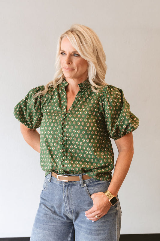 Olive Floral Puffed Sleeve Top