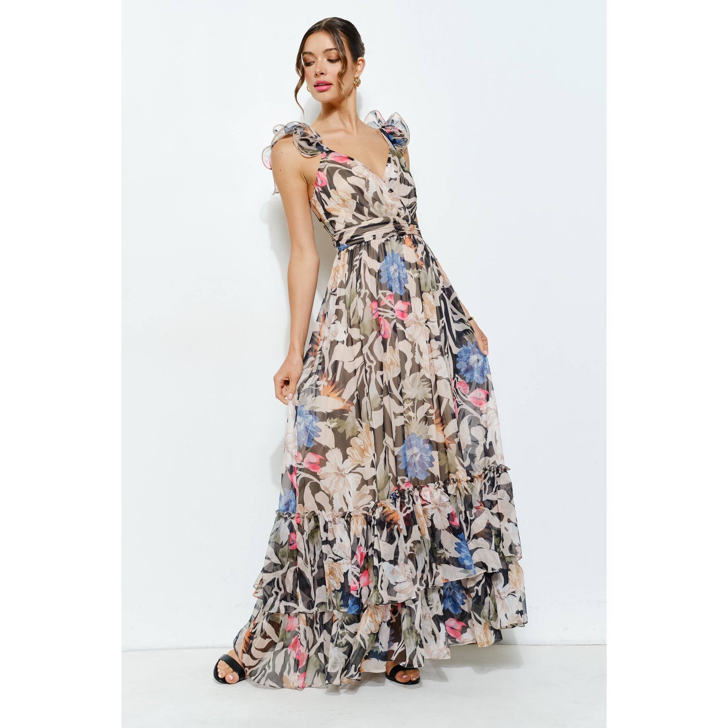 Ruffled Shoulder Floral Chiffon Tiered Maxi Dress