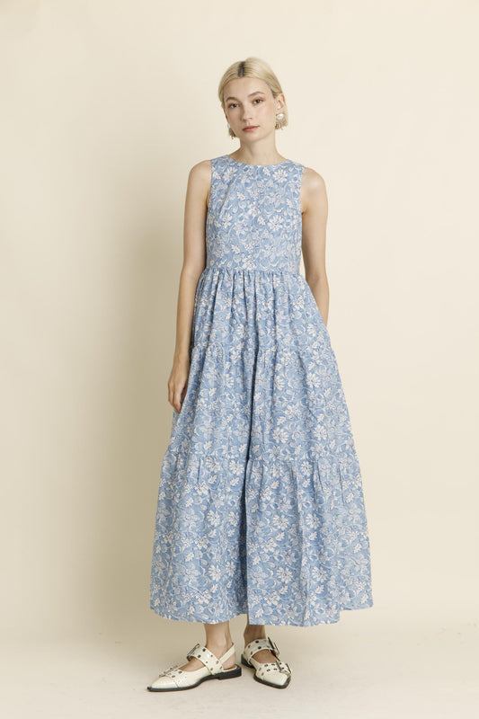 Blue Floral Tiered Maxi Dress