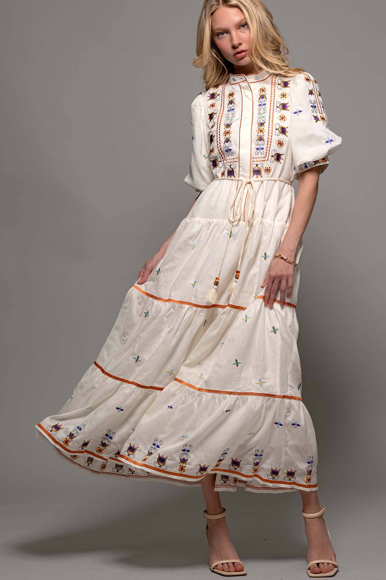 Embroidered Balloon Sleeve Tiered Midi Dress