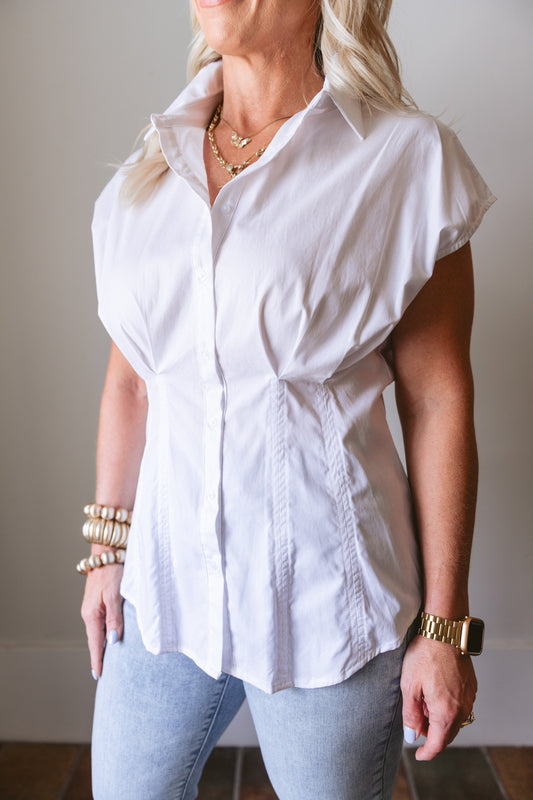 White Pleated Cap Sleeve Blouse