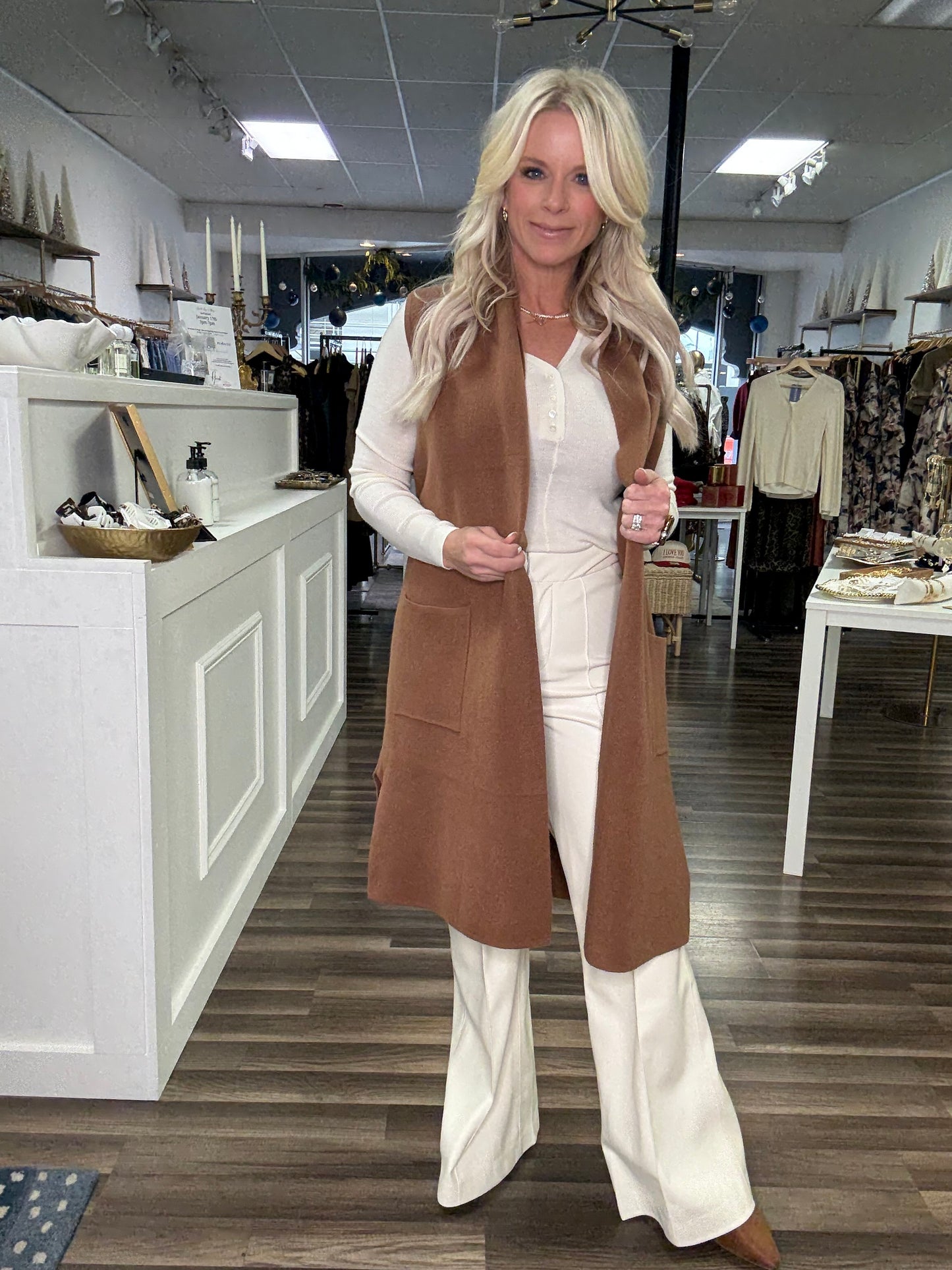 Camel Sleeveless Open Cardigan