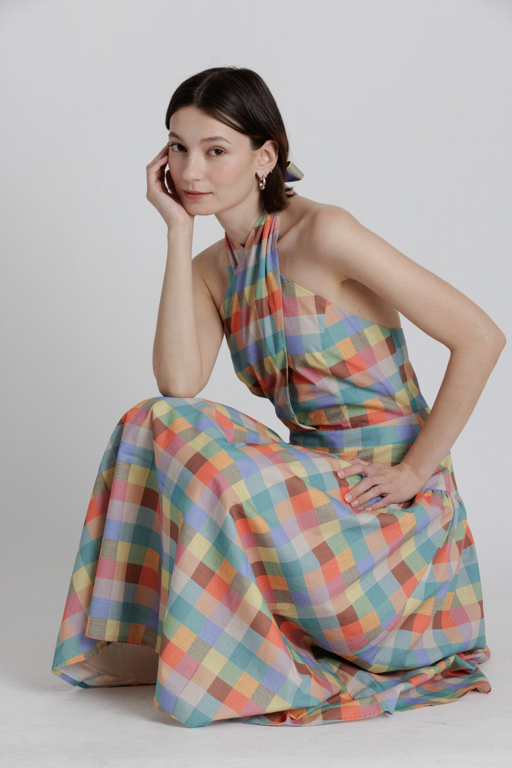 Plaid Halter Neck Midi Dress