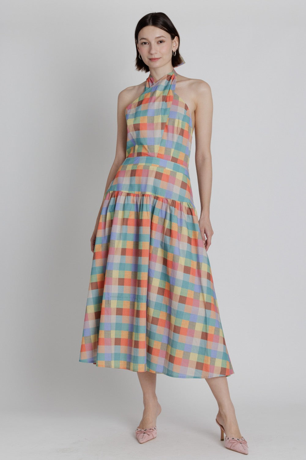Plaid Halter Neck Midi Dress