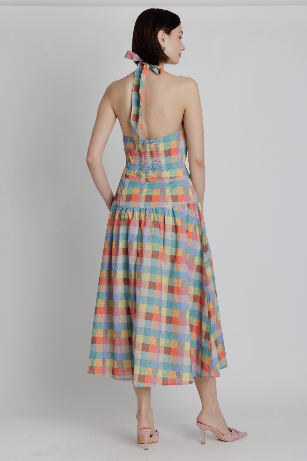 Plaid Halter Neck Midi Dress