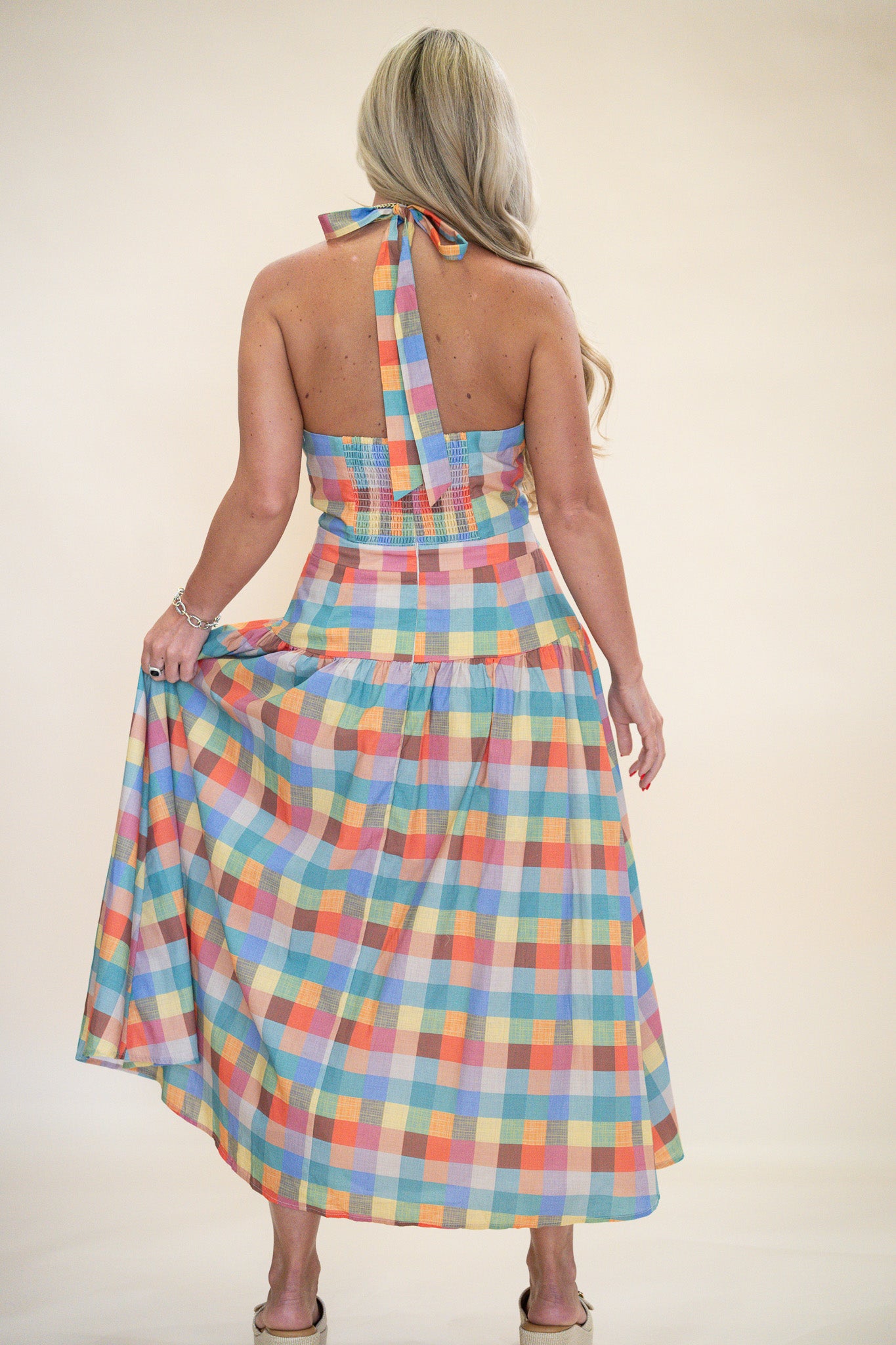 Plaid Halter Neck Midi Dress