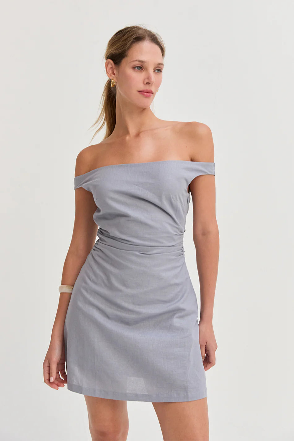 Talia Off Shoulder Sid Ruched Linen Mini Dress