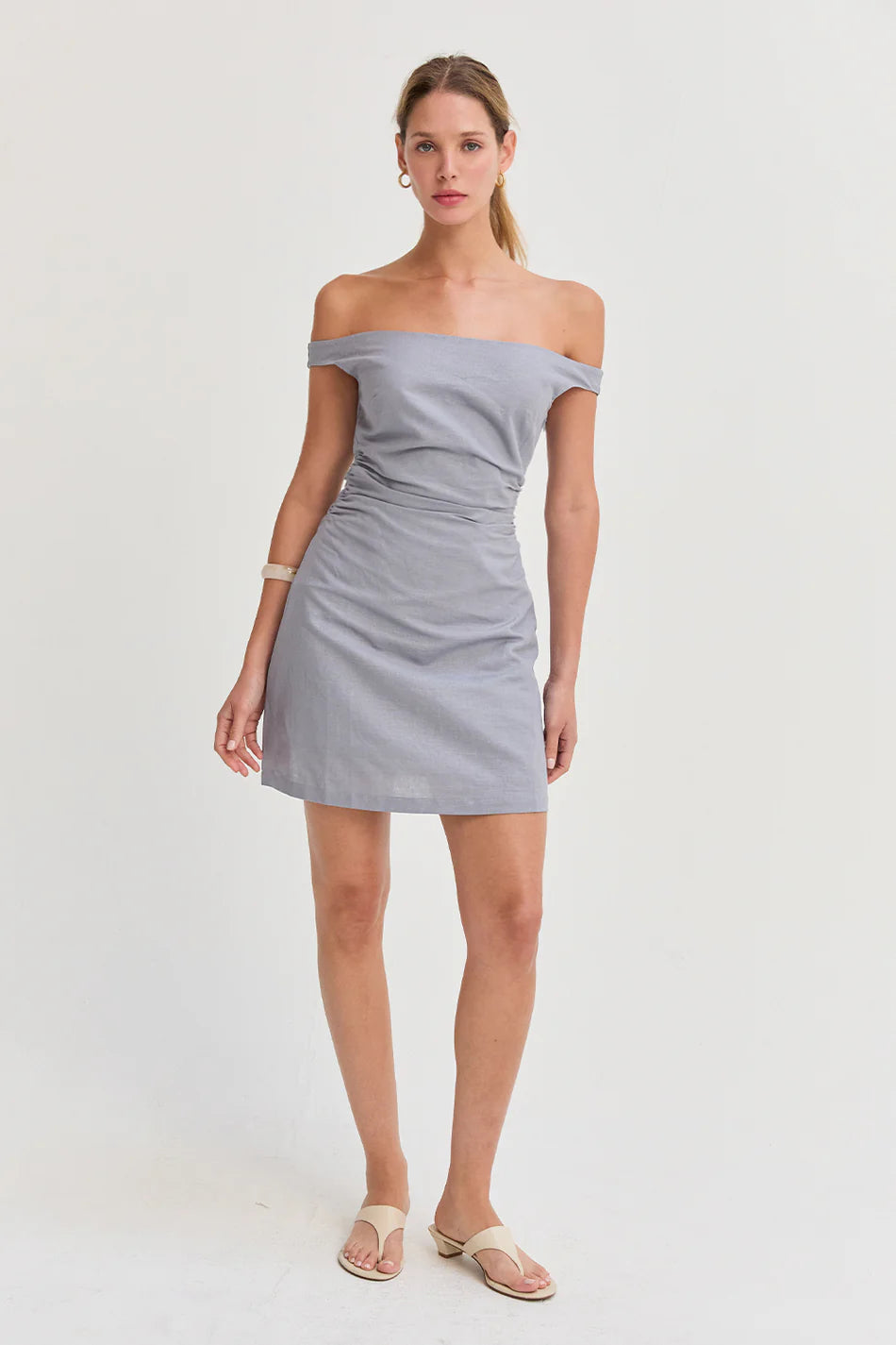 Talia Off Shoulder Sid Ruched Linen Mini Dress
