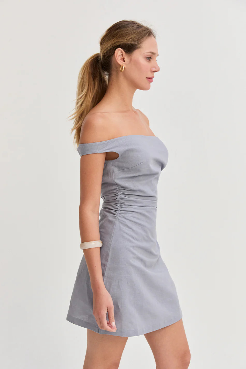 Talia Off Shoulder Sid Ruched Linen Mini Dress