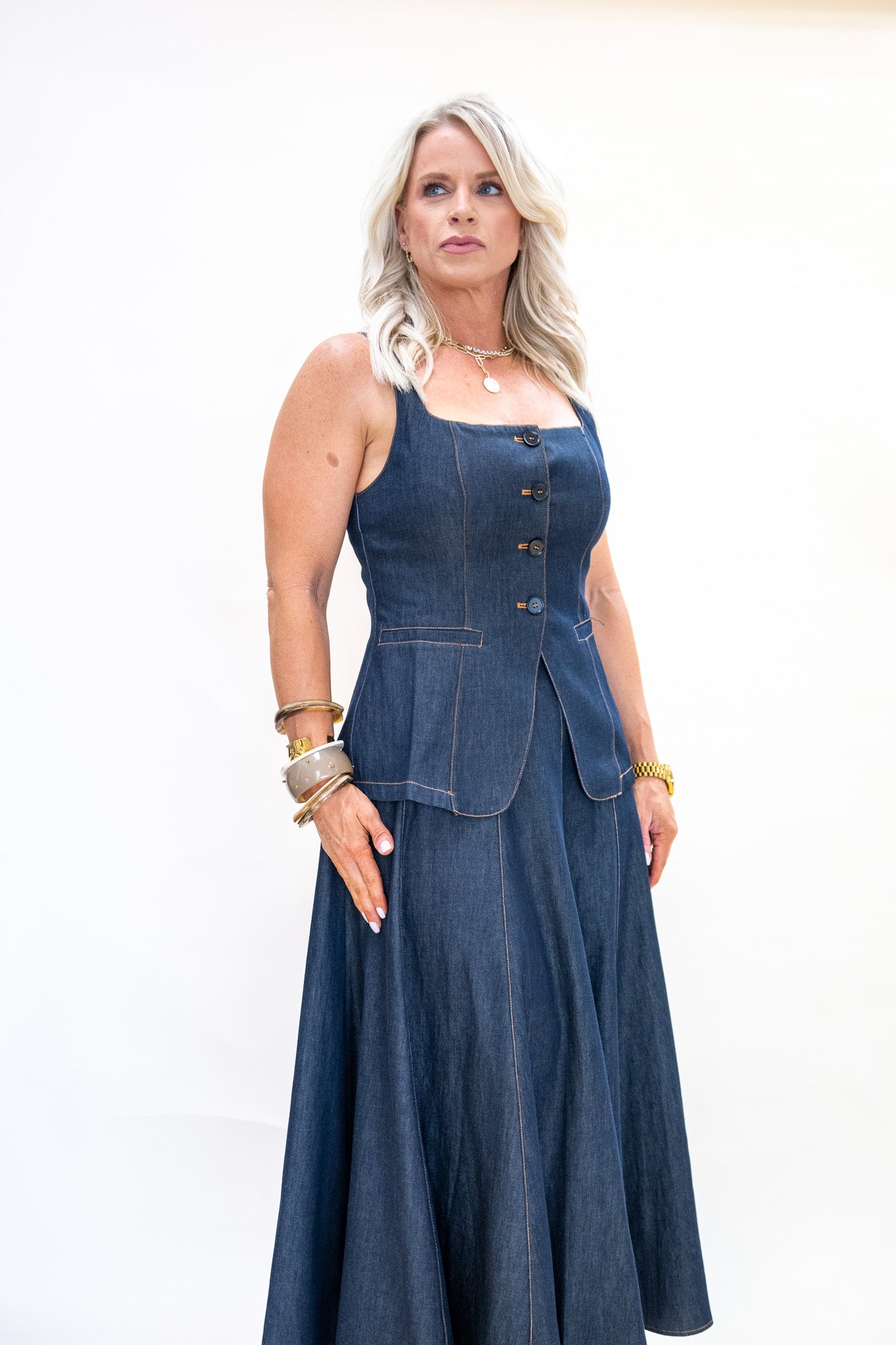 Maevie Square Neck Sleeveless Denim Vest Top