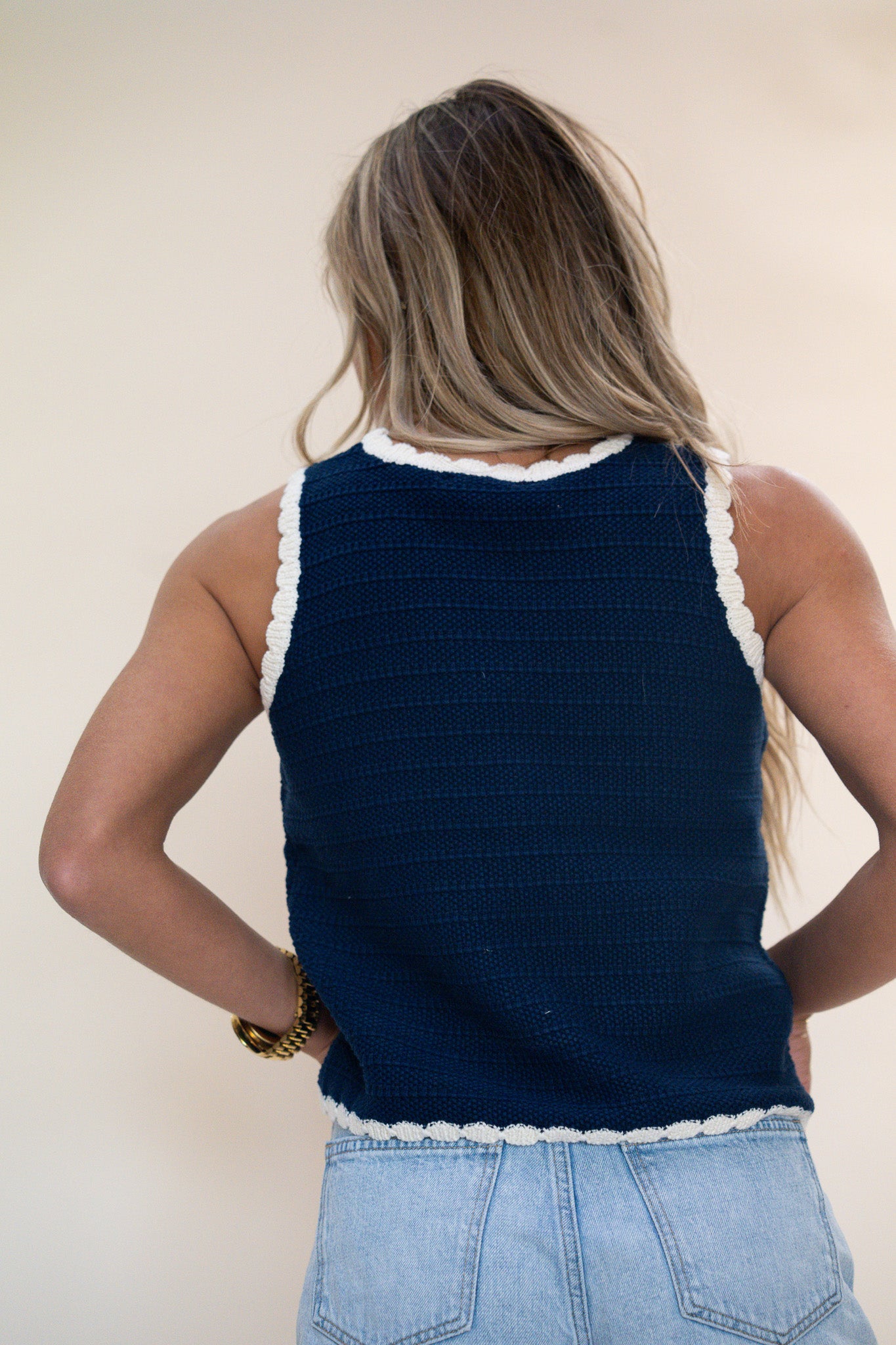 Navy Contrast Crochet Trim Tank Top