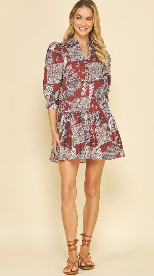 Burgundy Printed Tiered Mini Dress